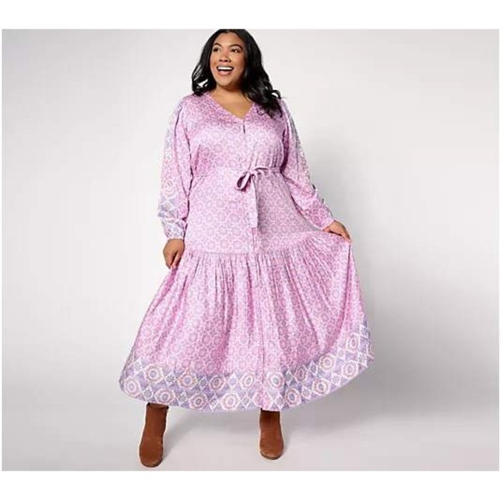 Destntn 365 Pink Geo Boho Tile Hippie Modal Maxi Dress Tie Waist XL Smmr Wedding